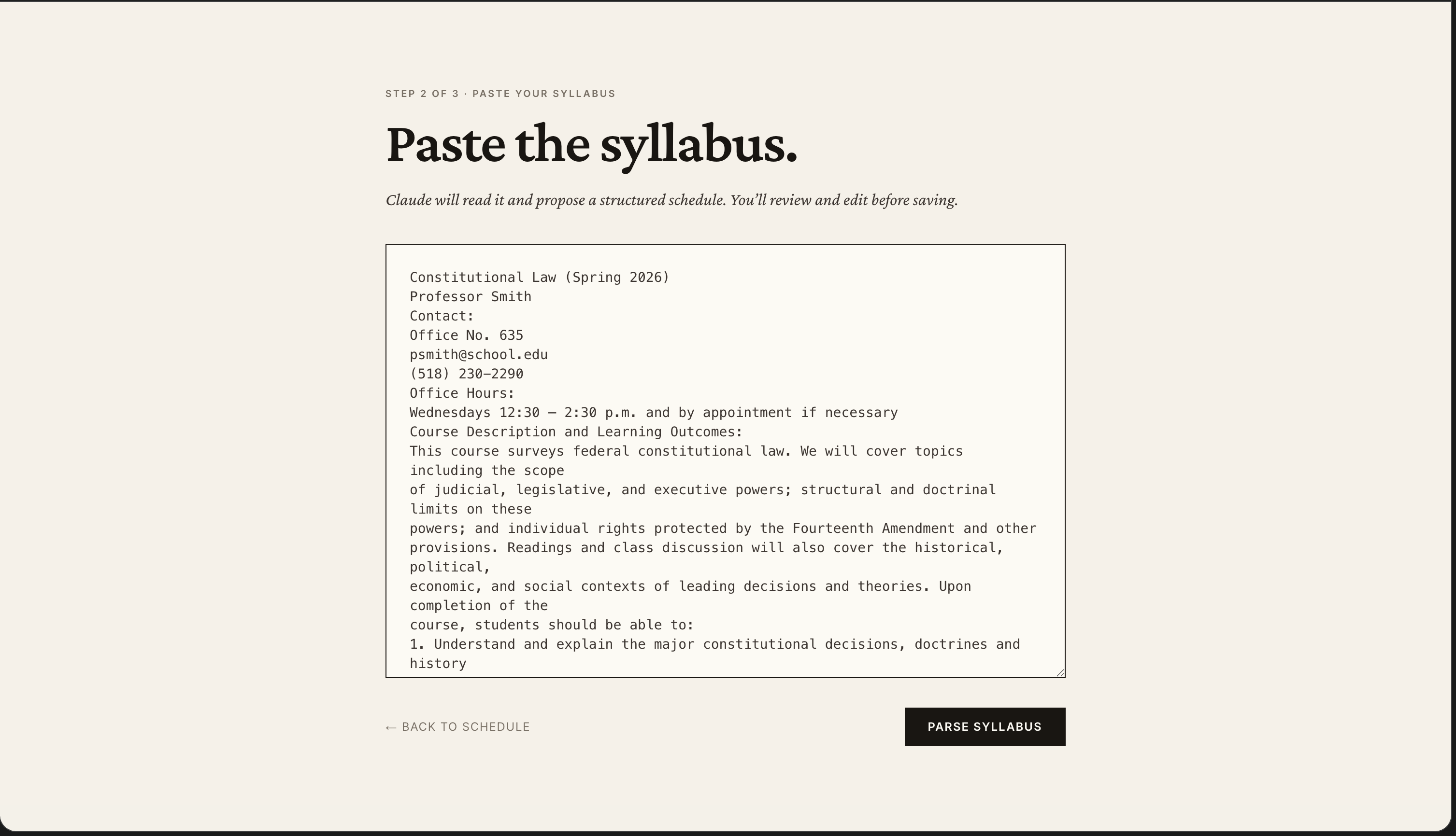 Rex onboarding — paste your syllabus and Claude reads it to propose a structured schedule