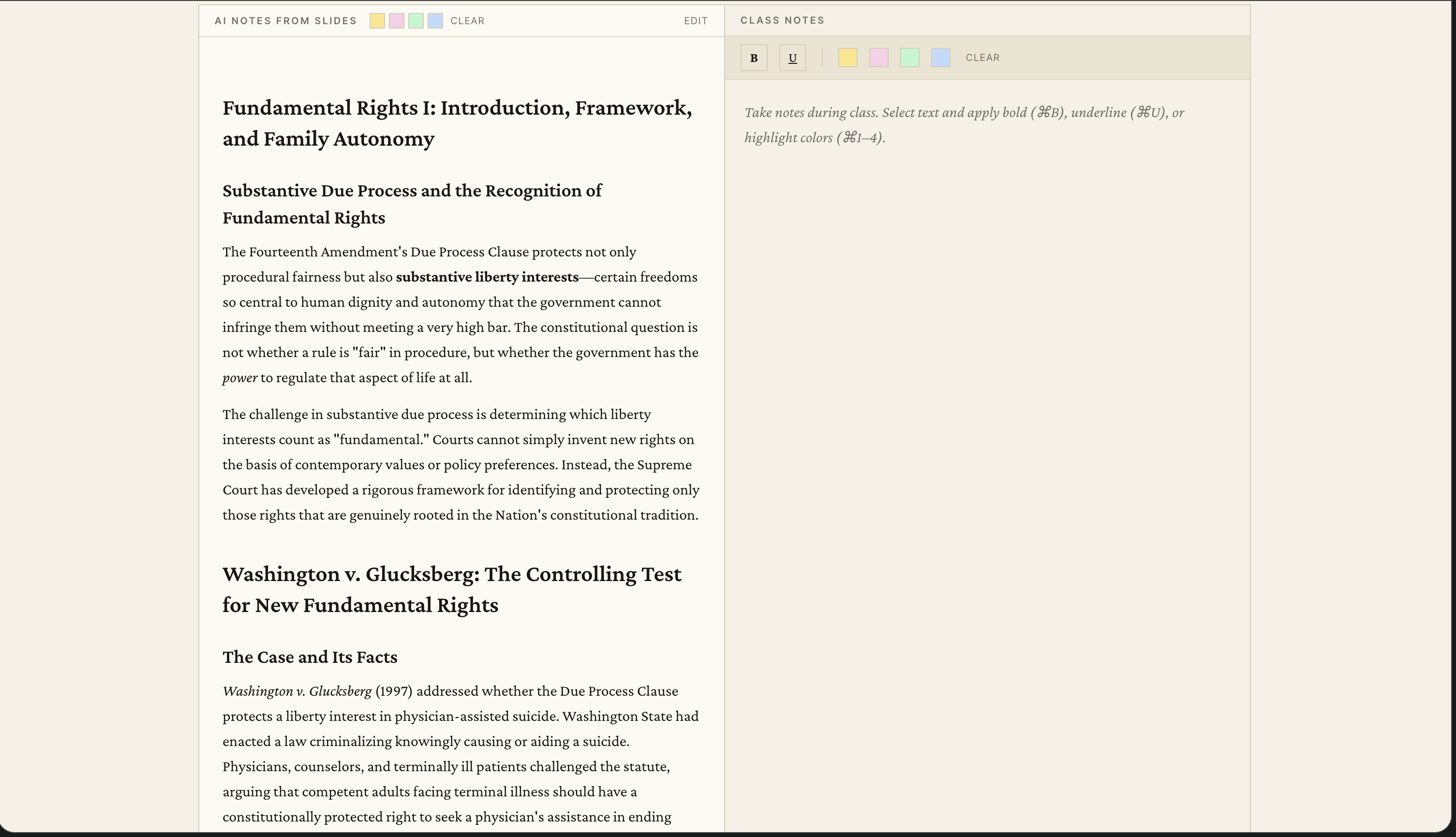 Rex Notes & Materials view — AI notes from slides on the left, class notes with highlight tools on the right