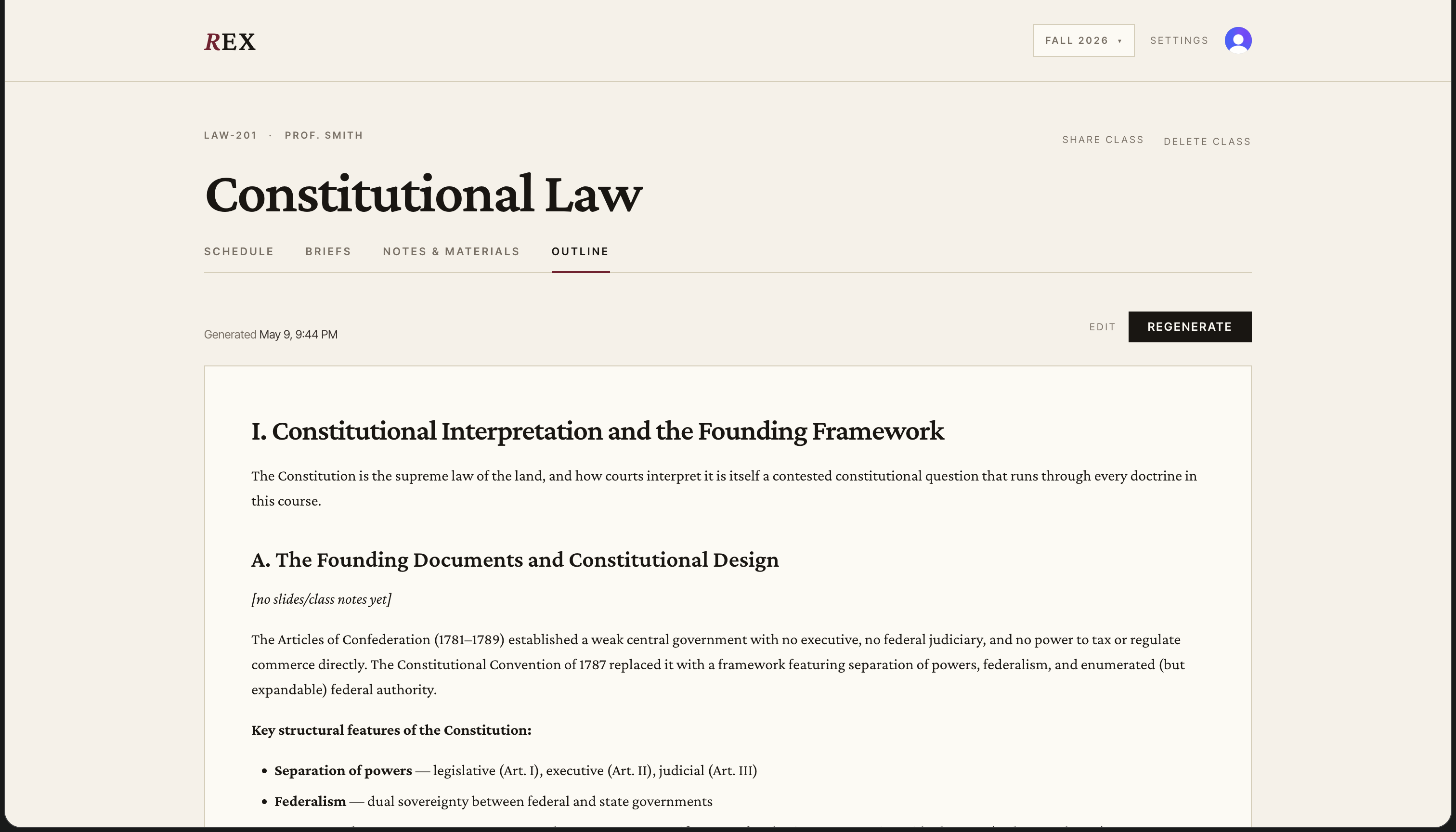 Rex outline overview — Constitutional Interpretation and the Founding Framework, with structured headings, key features, and case auto-links